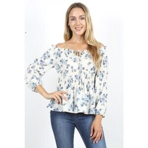 White Blue Floral Long Sleeve Stretchy Blouse